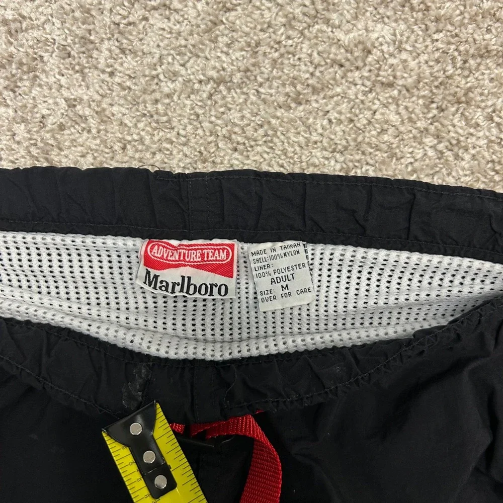 Vintage 90s Marlboro Swim Trunks Men Size Medium Black Mesh Lined Belted